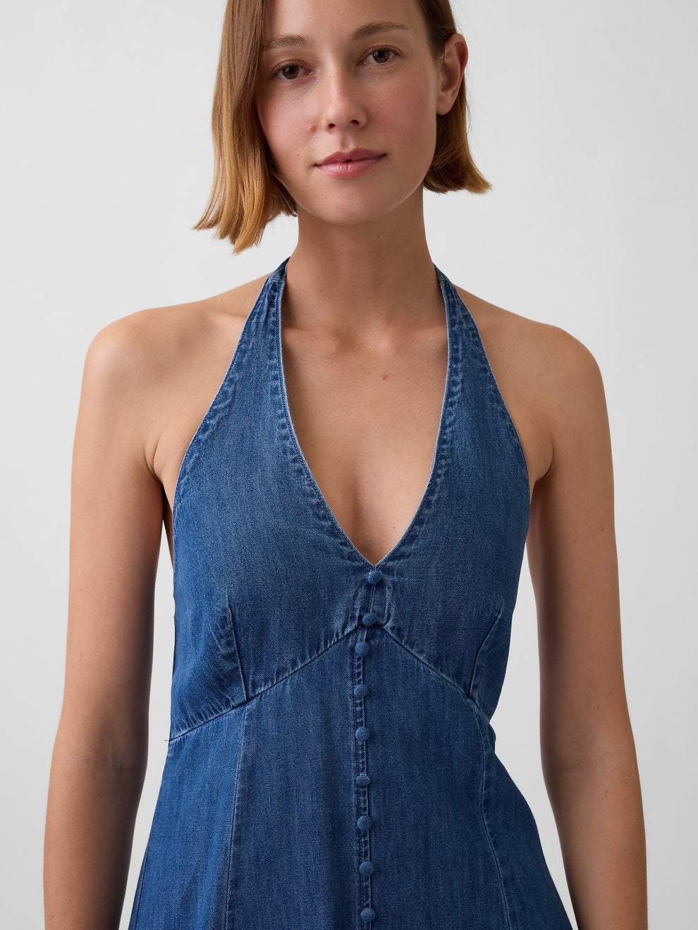 Denim Seamed Halter Maxi Dress - Medium wash