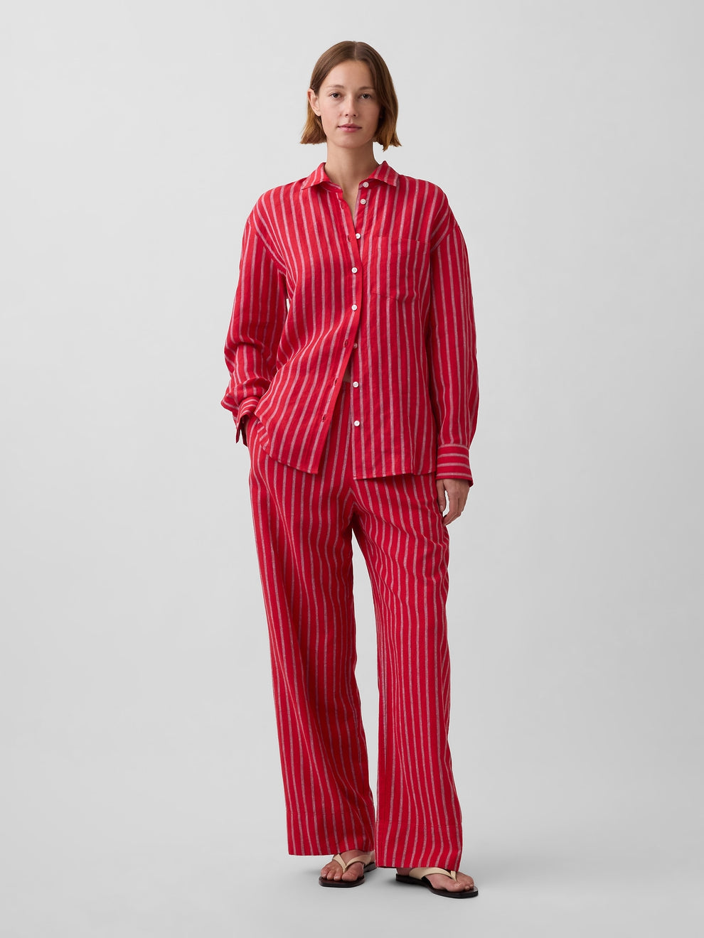 Linen-Blend Easy Wide-Leg Pants - Red & blue stripe