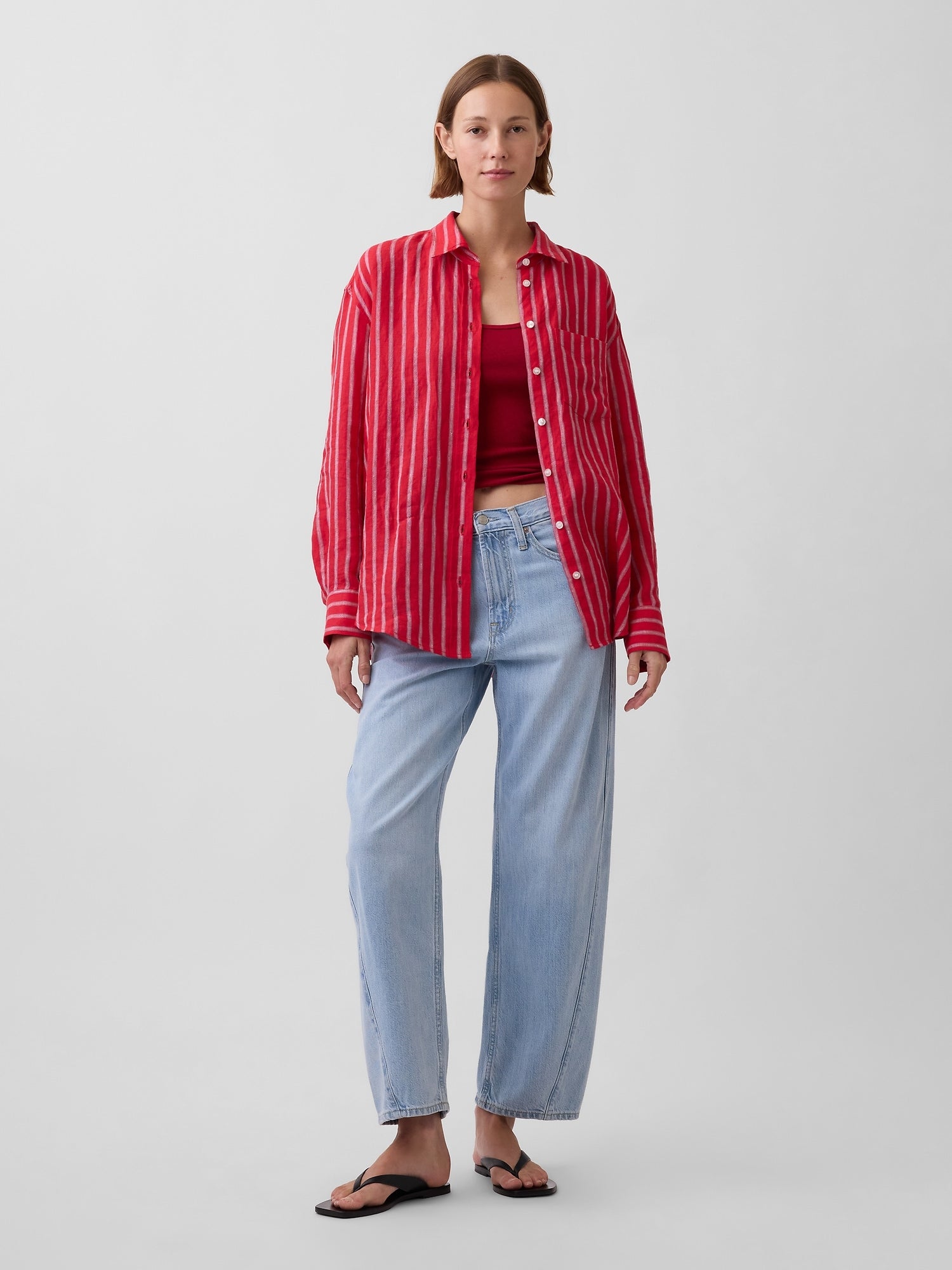 100% Linen Oversized Shirt - Red & blue stripe