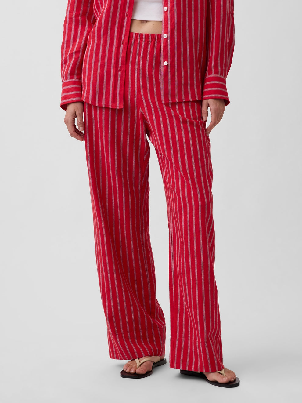 Linen-Blend Easy Wide-Leg Pants - Red & blue stripe