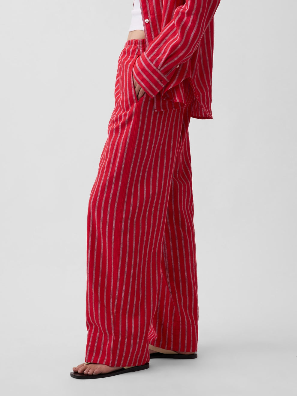 Linen-Blend Easy Wide-Leg Pants - Red & blue stripe