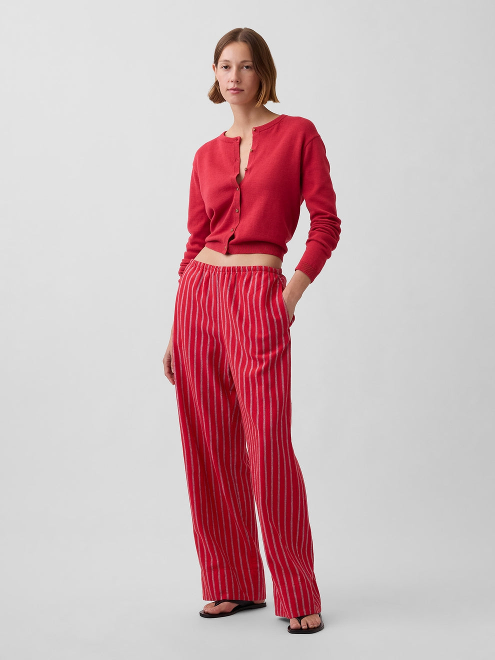 Linen-Blend Easy Wide-Leg Pants - Red & blue stripe