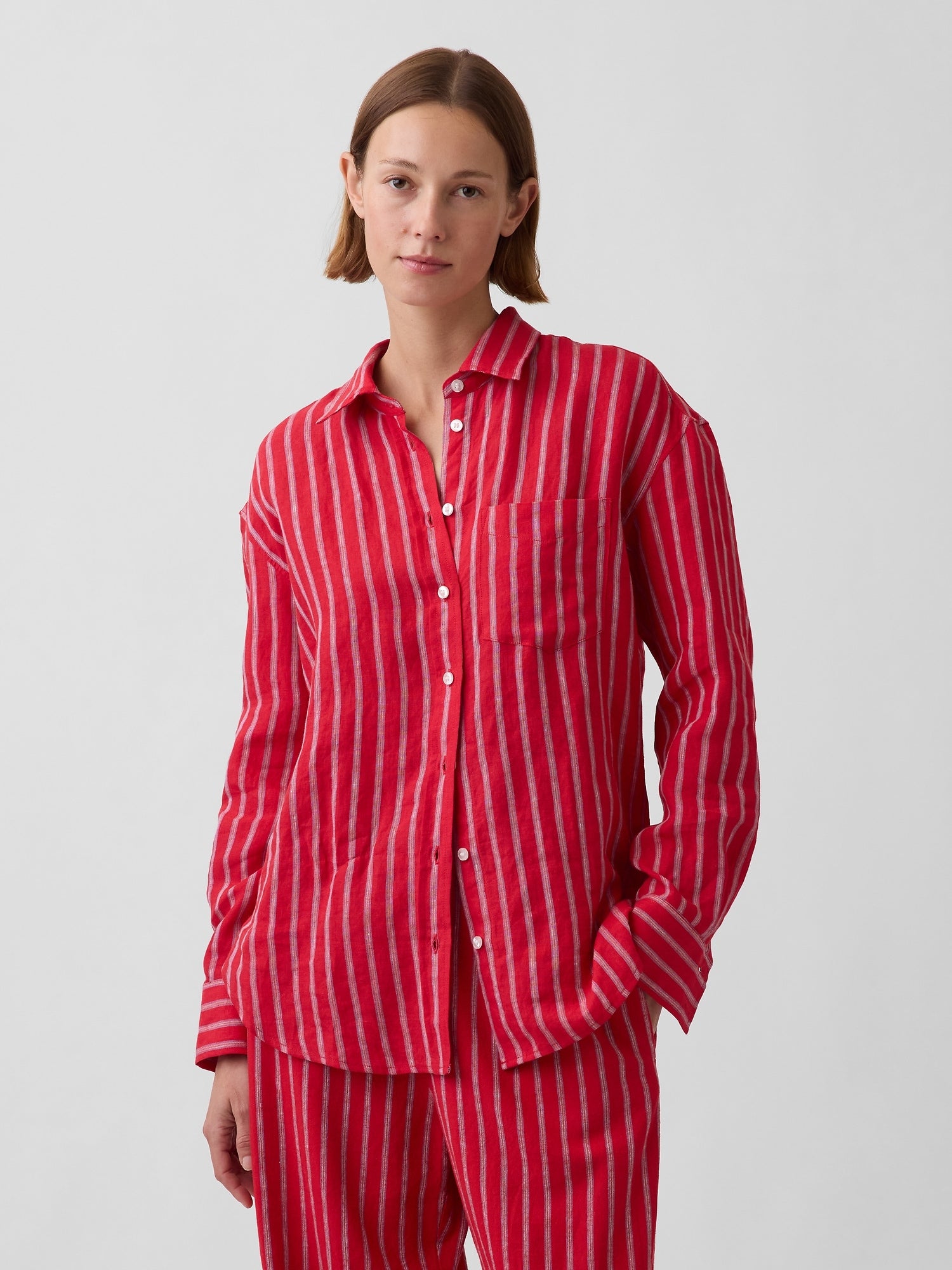 100% Linen Oversized Shirt - Red & blue stripe