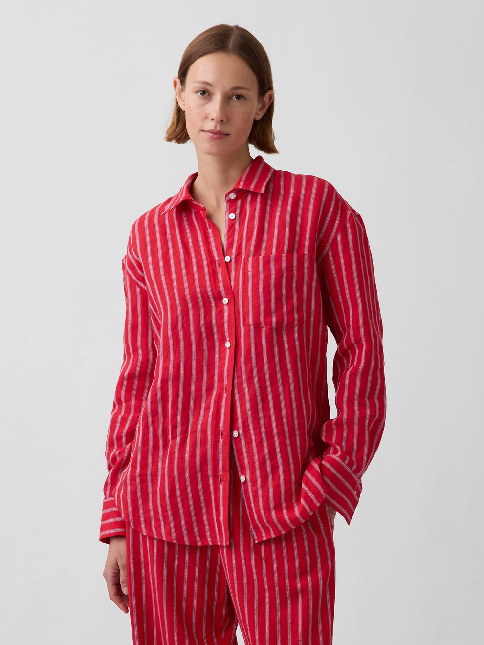 100% Linen Oversized Shirt - Red & blue stripe