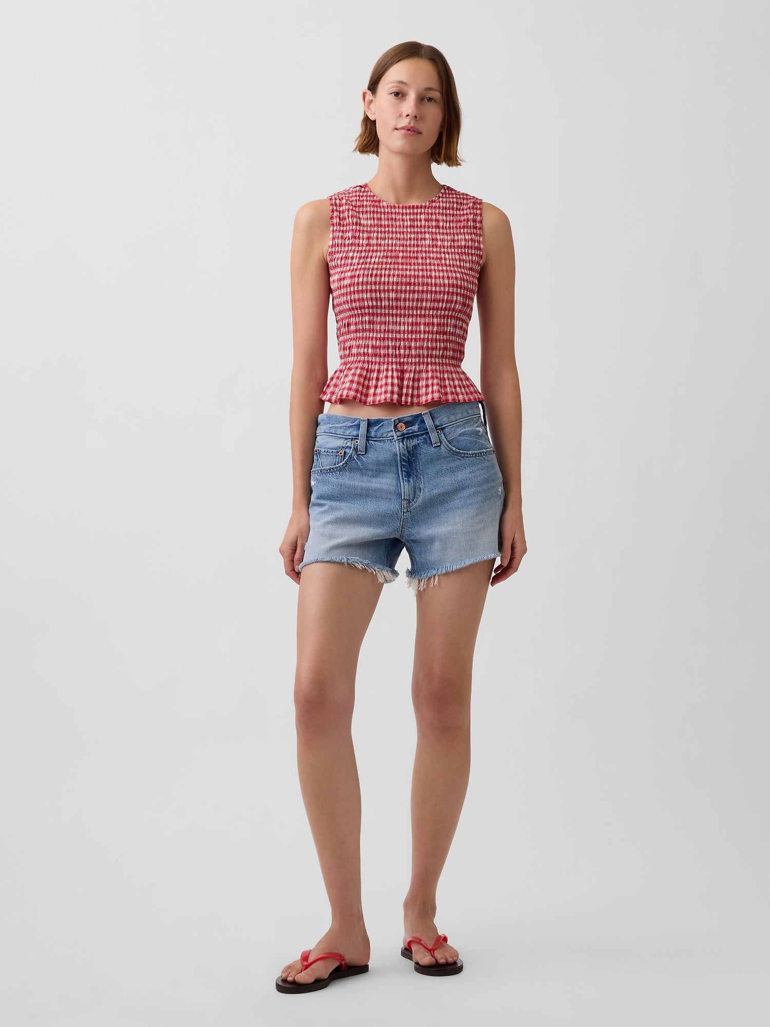 Smocked Gingham Crop Peplum Top - Red gingham