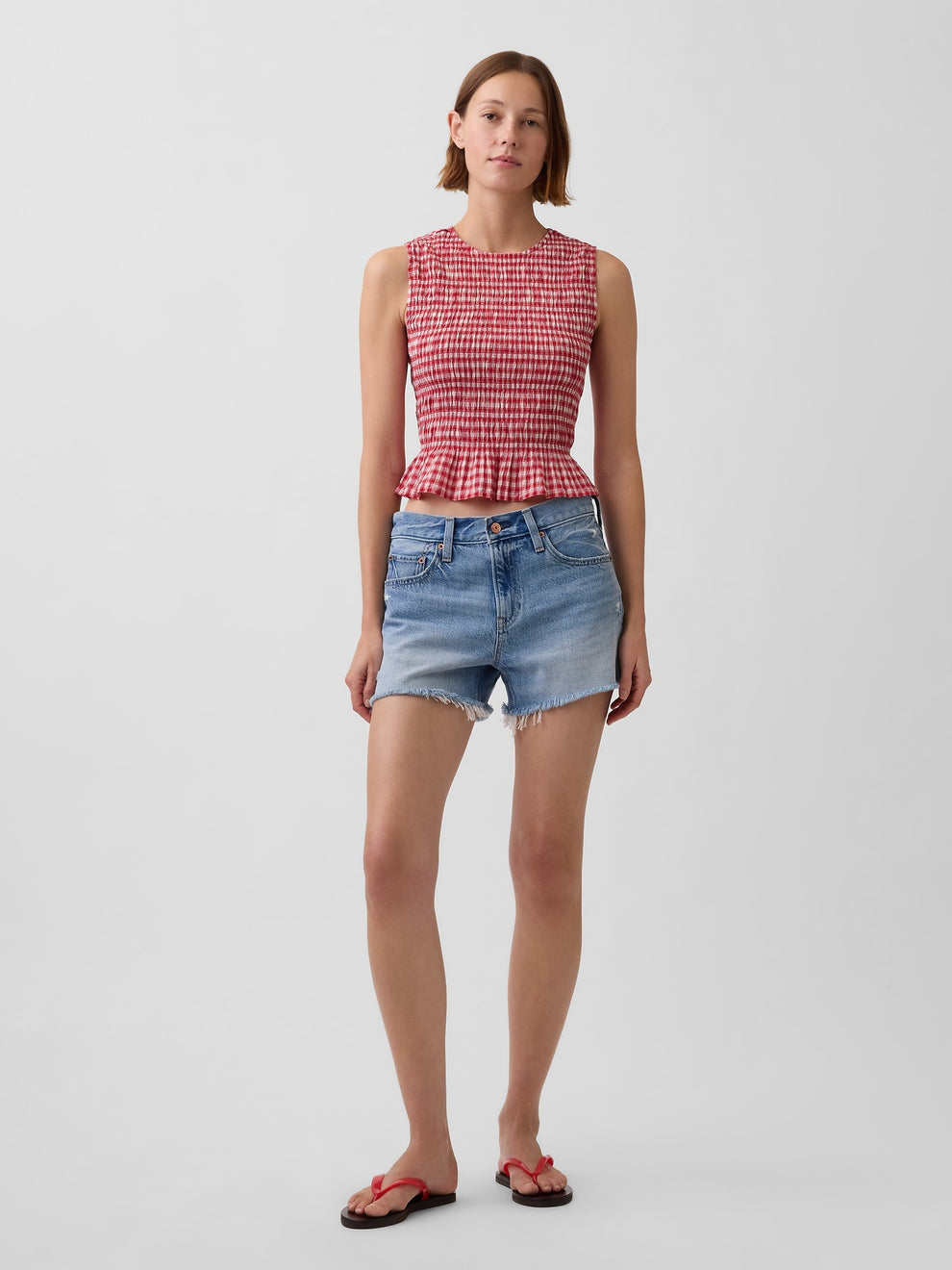 Smocked Gingham Crop Peplum Top - Red gingham