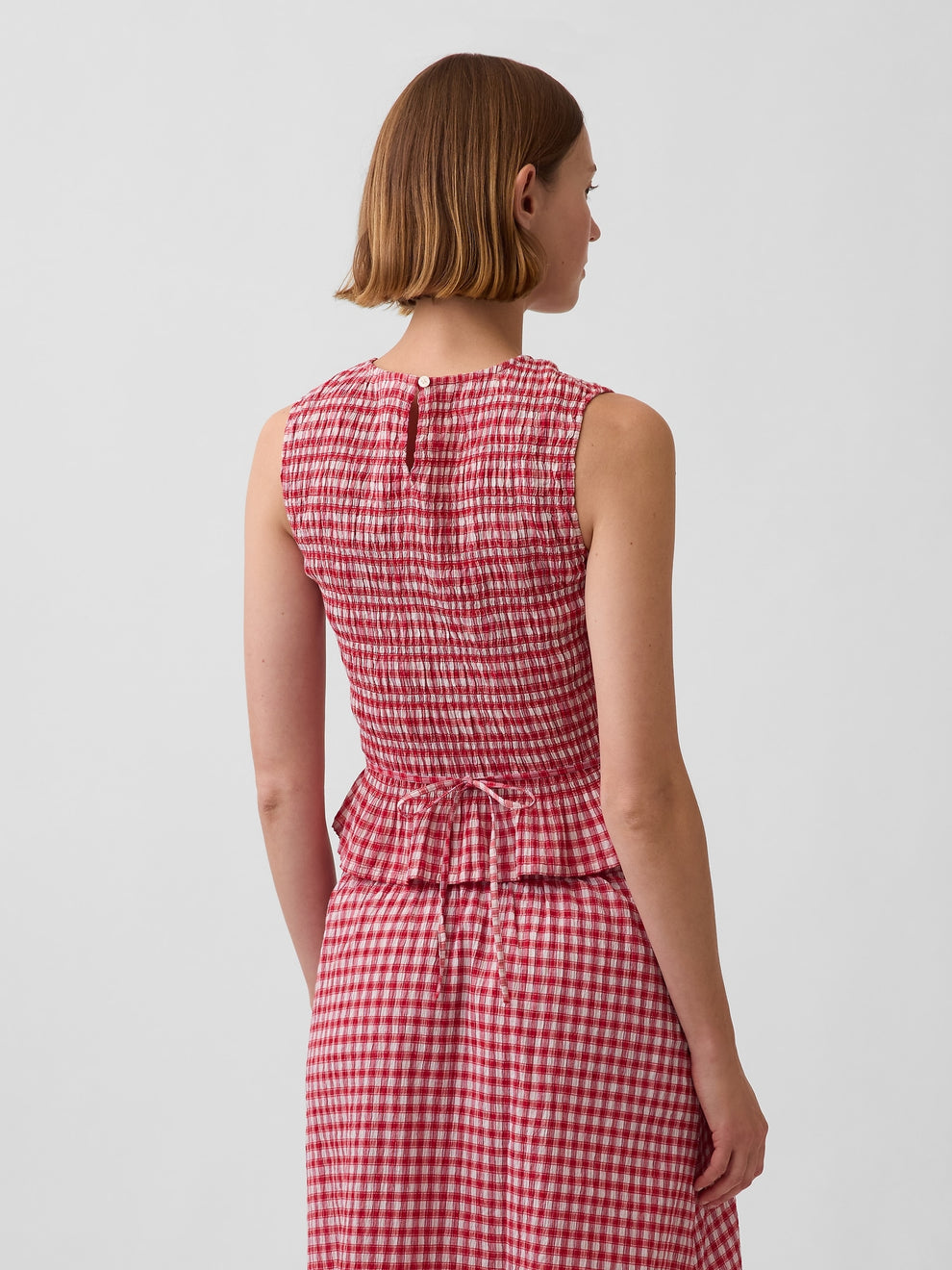 Smocked Gingham Crop Peplum Top - Red gingham