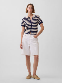 100% Cotton Crochet Relaxed Sweater Shirt - Navy blue stripe