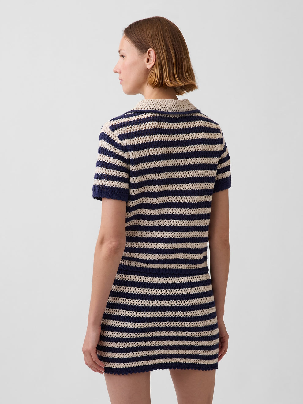100% Cotton Crochet Relaxed Sweater Shirt - Navy blue stripe