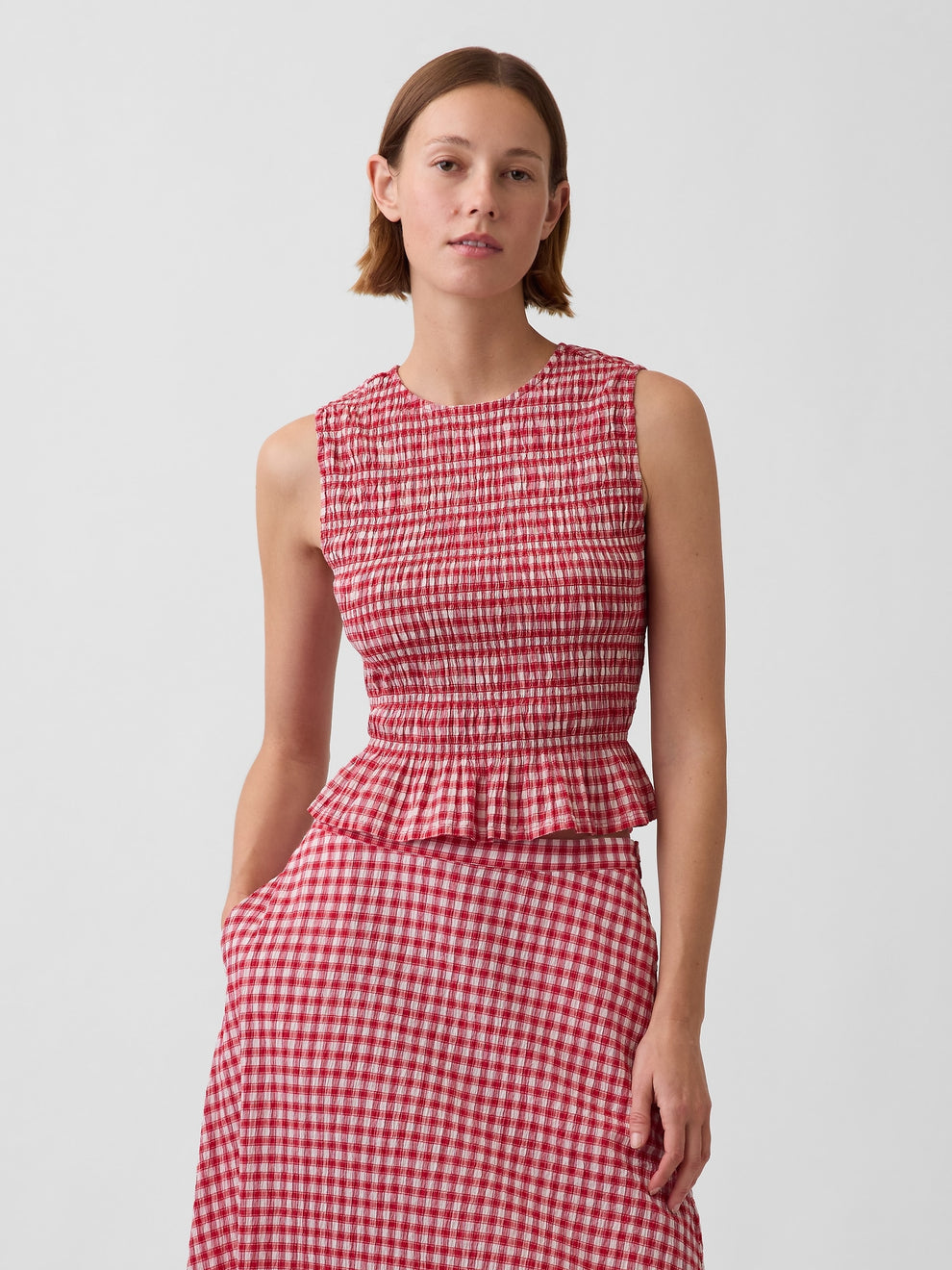Smocked Gingham Crop Peplum Top - Red gingham