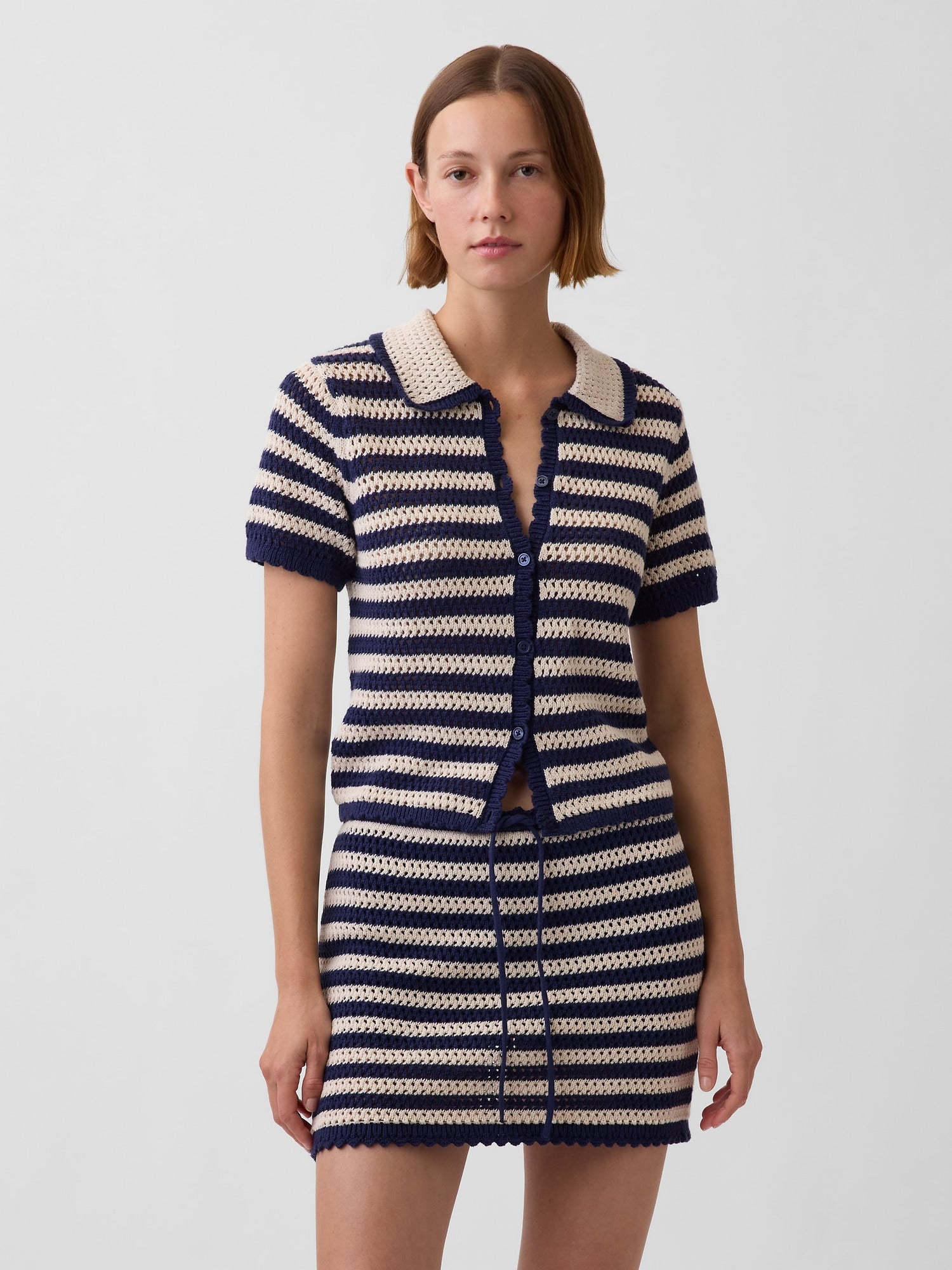 100% Cotton Crochet Relaxed Sweater Shirt - Navy blue stripe