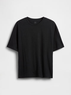 Linen-Cotton Oversized Crop T-Shirt - moonless night