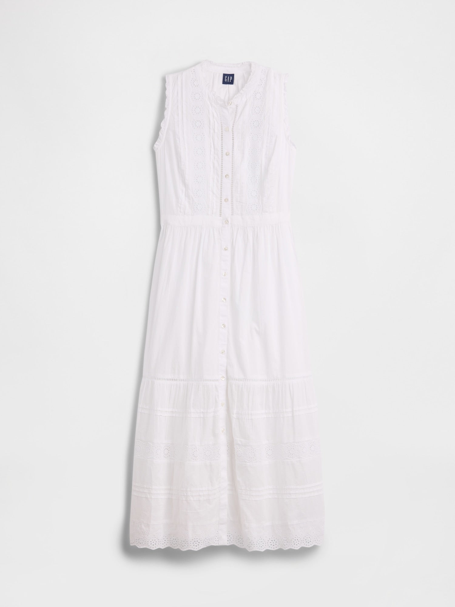 Lace-Trim Tiered Midi Shirtdress - Fresh white