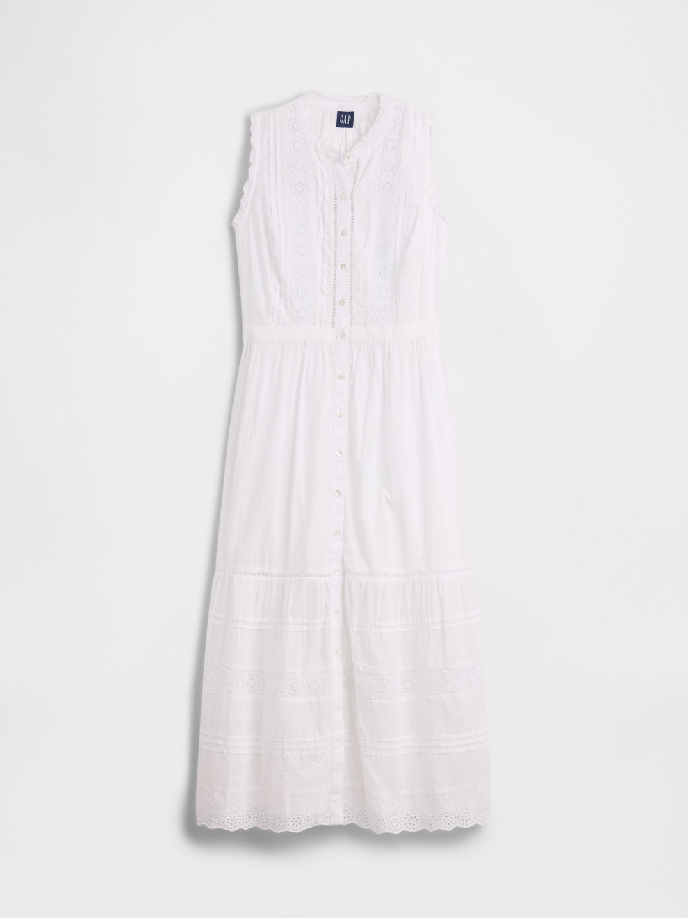 Lace-Trim Tiered Midi Shirtdress - Fresh white
