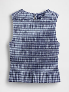 Smocked Gingham Crop Peplum Top - blue gingham