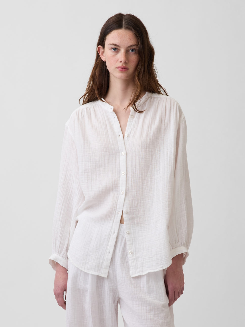 Cotton Gauze Oversized Collarless Shirt - Fresh white