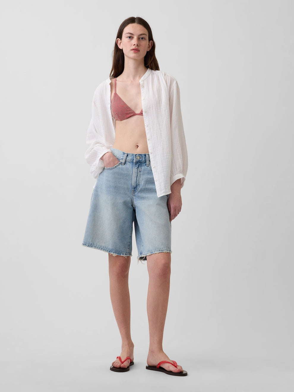Cotton Gauze Oversized Collarless Shirt - Fresh white
