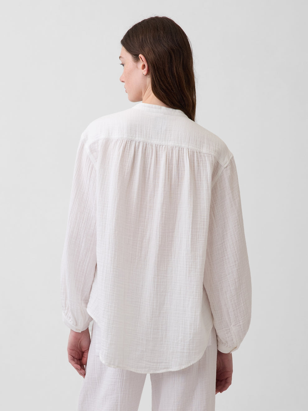 Cotton Gauze Oversized Collarless Shirt - Fresh white