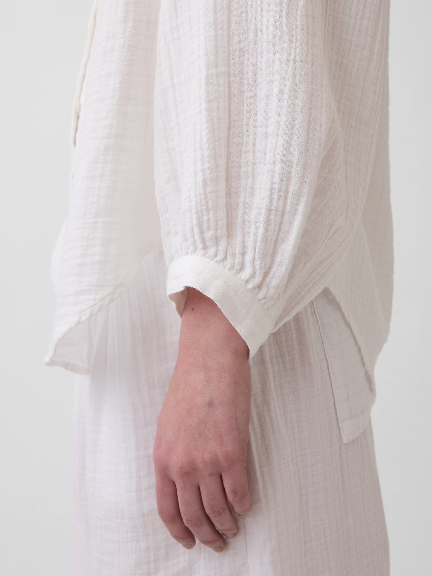 Cotton Gauze Oversized Collarless Shirt - Fresh white