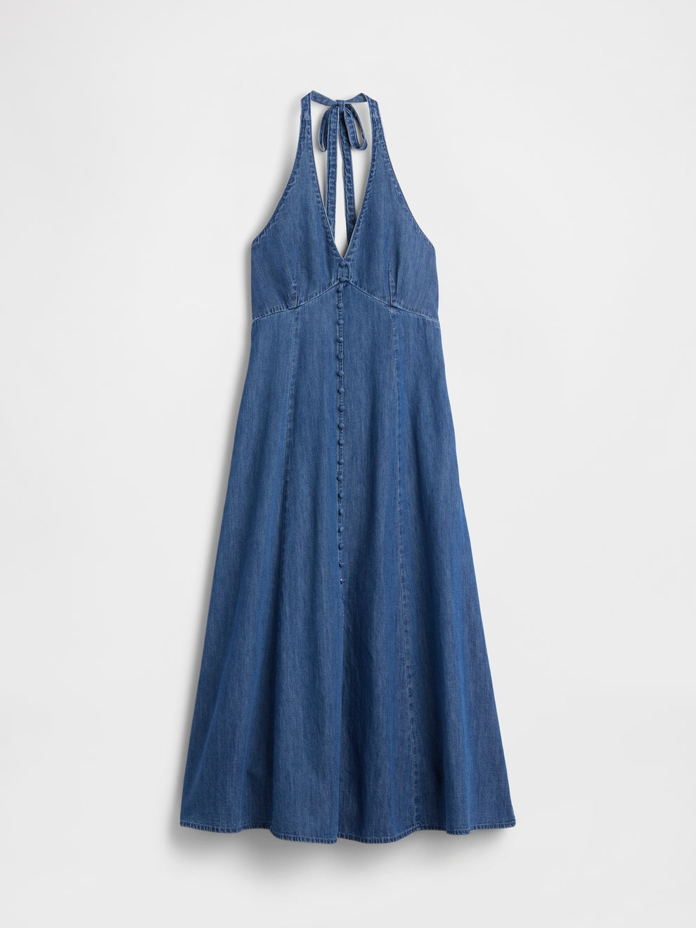 Denim Seamed Halter Maxi Dress - Medium wash