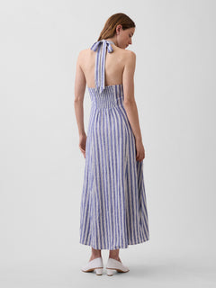 Linen-Blend Halter Maxi Dress - Blue stripe