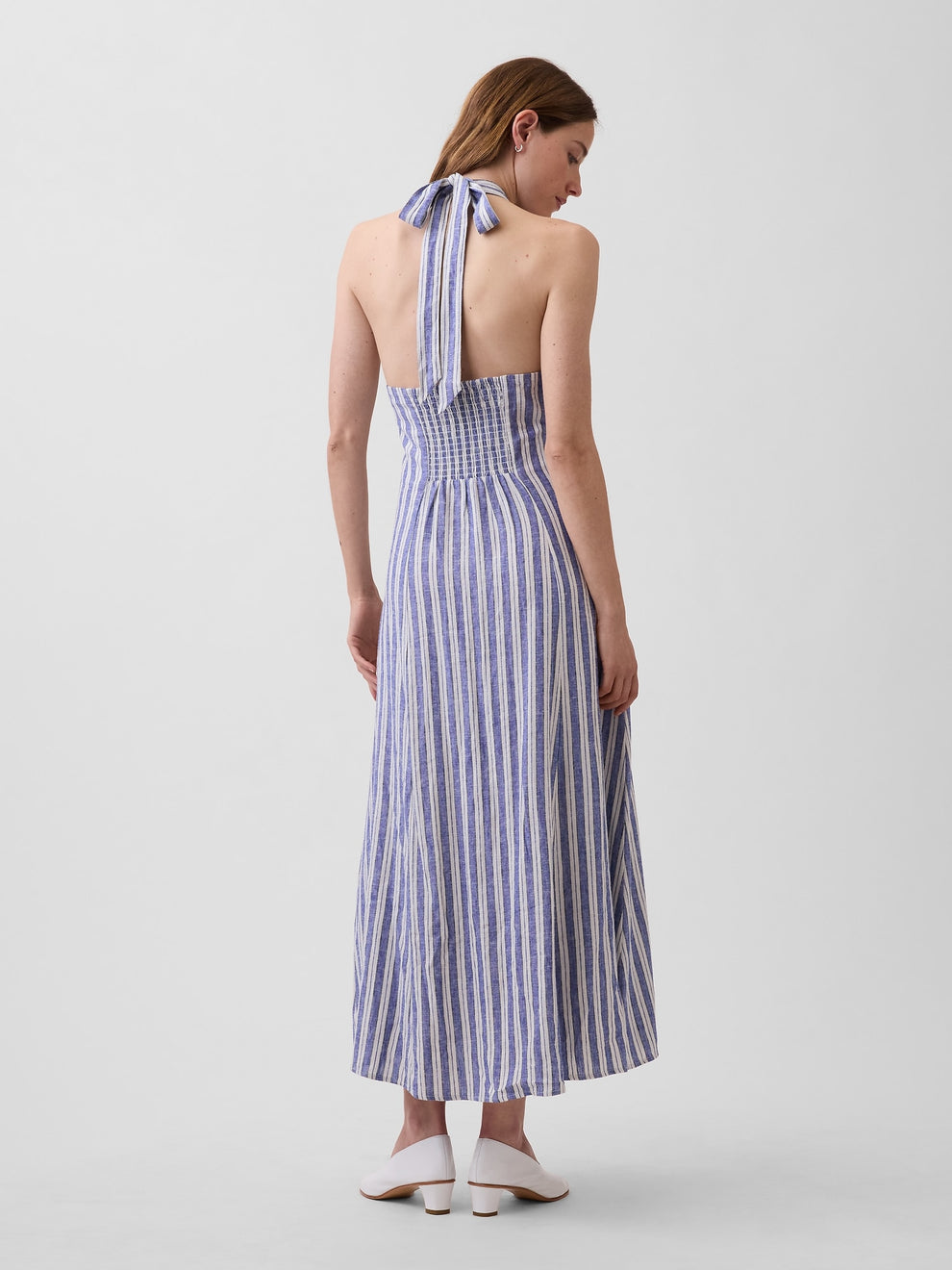 Linen-Blend Halter Maxi Dress - Blue stripe