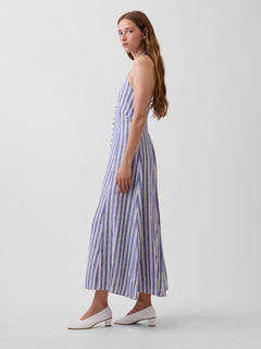 Linen-Blend Halter Maxi Dress - Blue stripe
