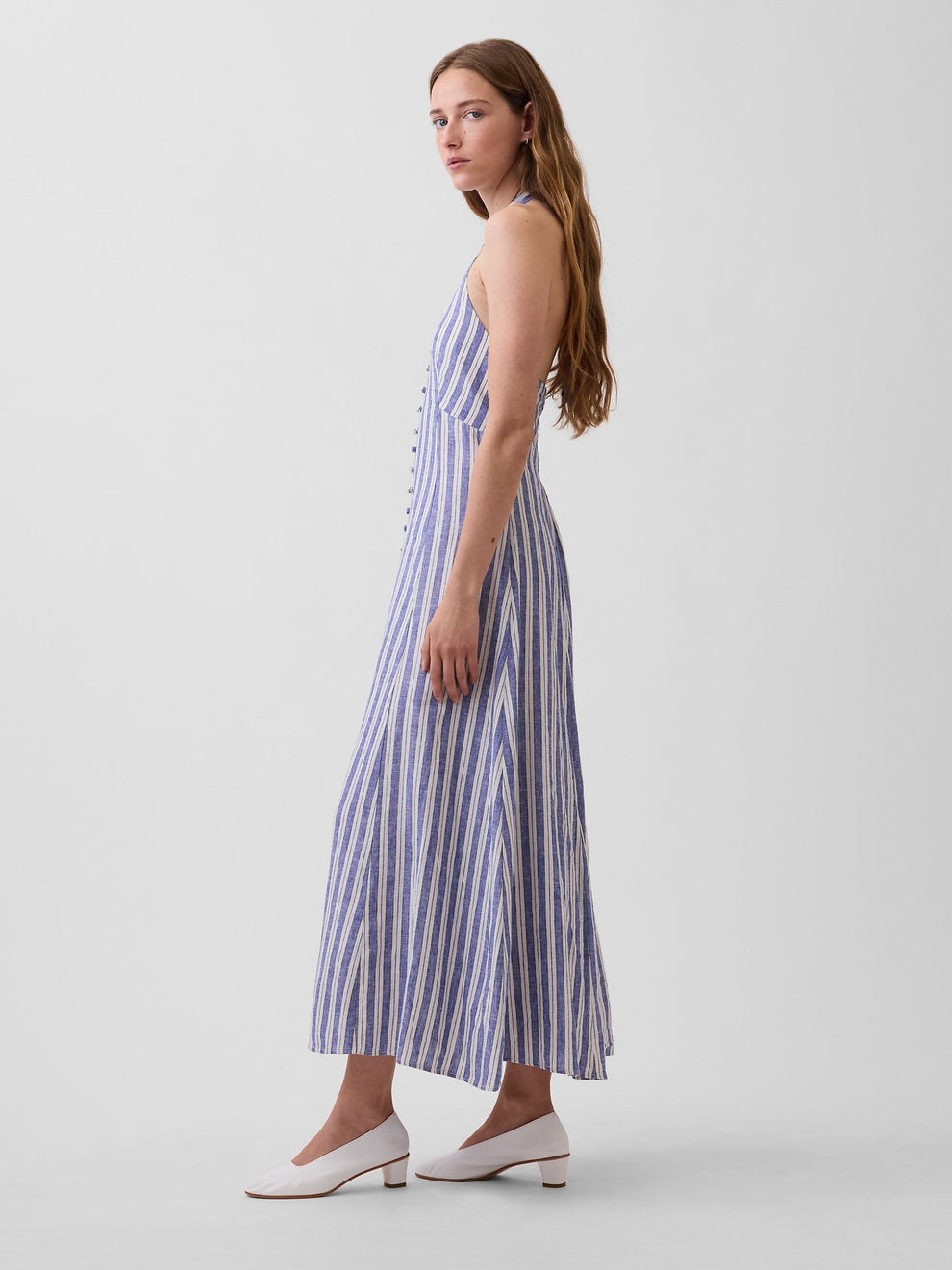 Linen-Blend Halter Maxi Dress - Blue stripe