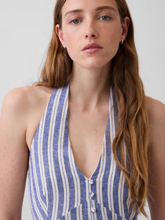 Linen-Blend Halter Maxi Dress - Blue stripe