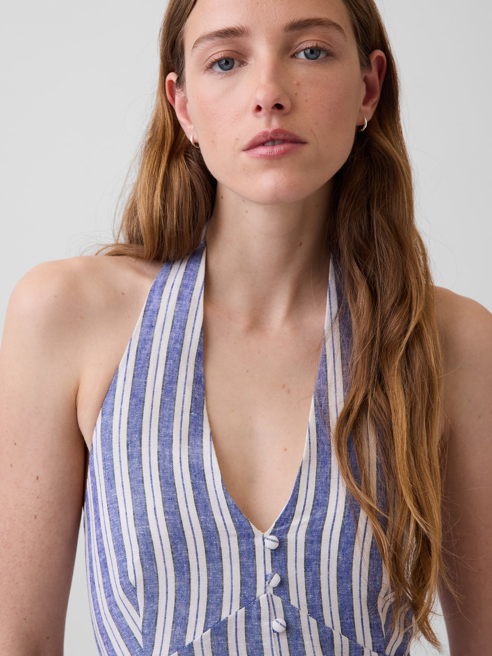 Linen-Blend Halter Maxi Dress - Blue stripe