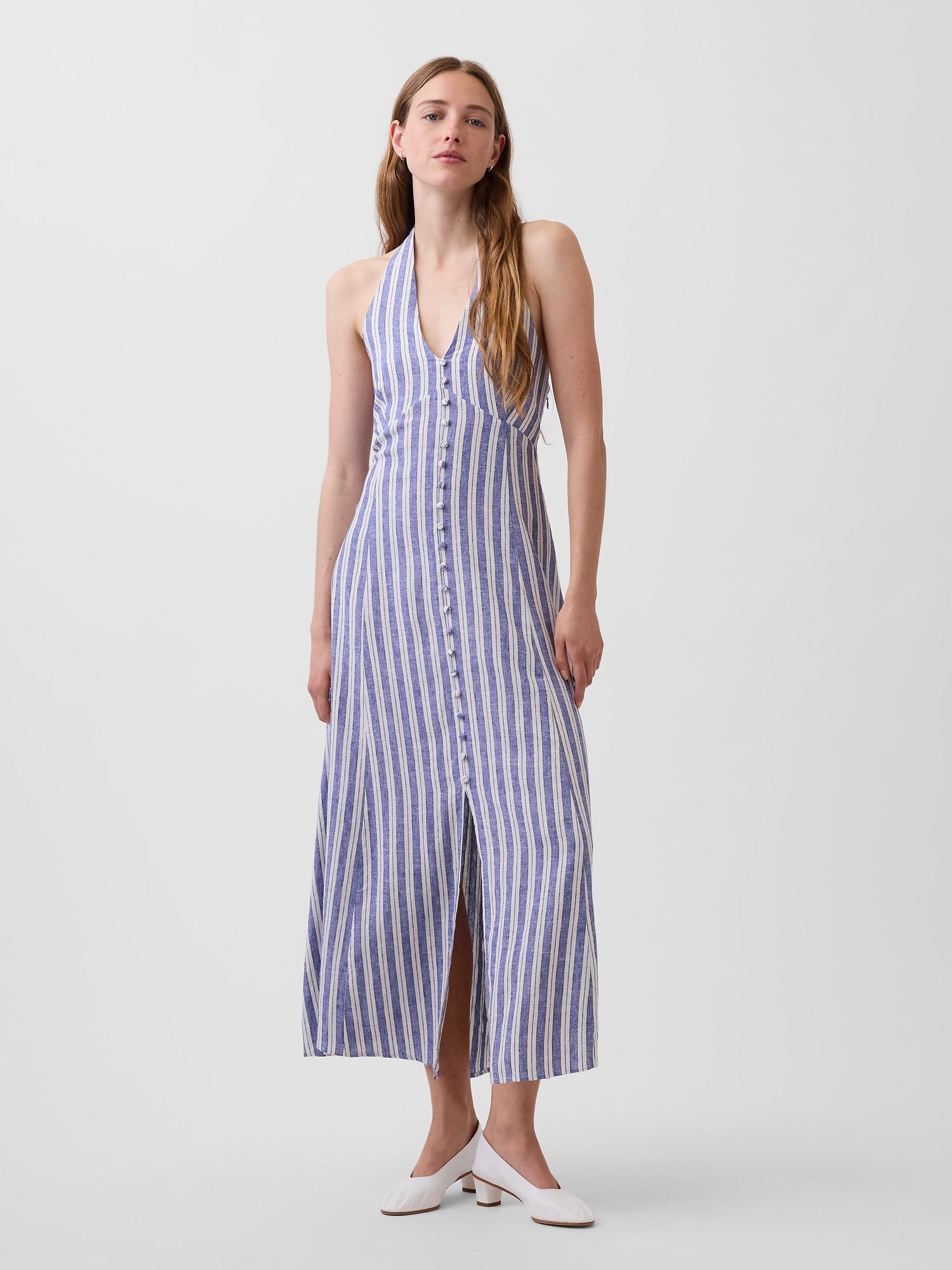 Linen-Blend Halter Maxi Dress - Blue stripe