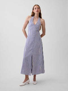 Linen-Blend Halter Maxi Dress - Blue stripe