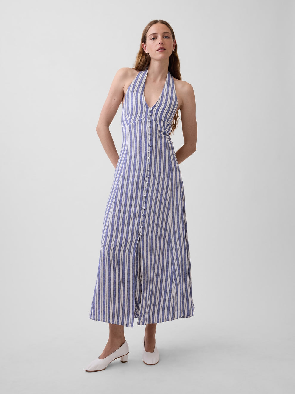 Linen-Blend Halter Maxi Dress - Blue stripe