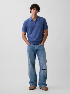 Textured Zip Polo Sweater Shirt - Bainbridge blue