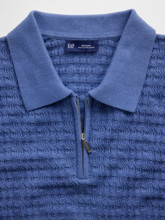 Textured Zip Polo Sweater Shirt - Bainbridge blue