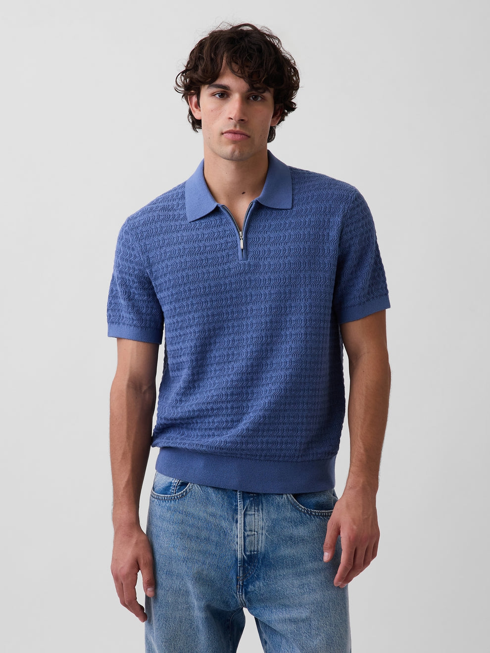 Textured Zip Polo Sweater Shirt - Bainbridge blue