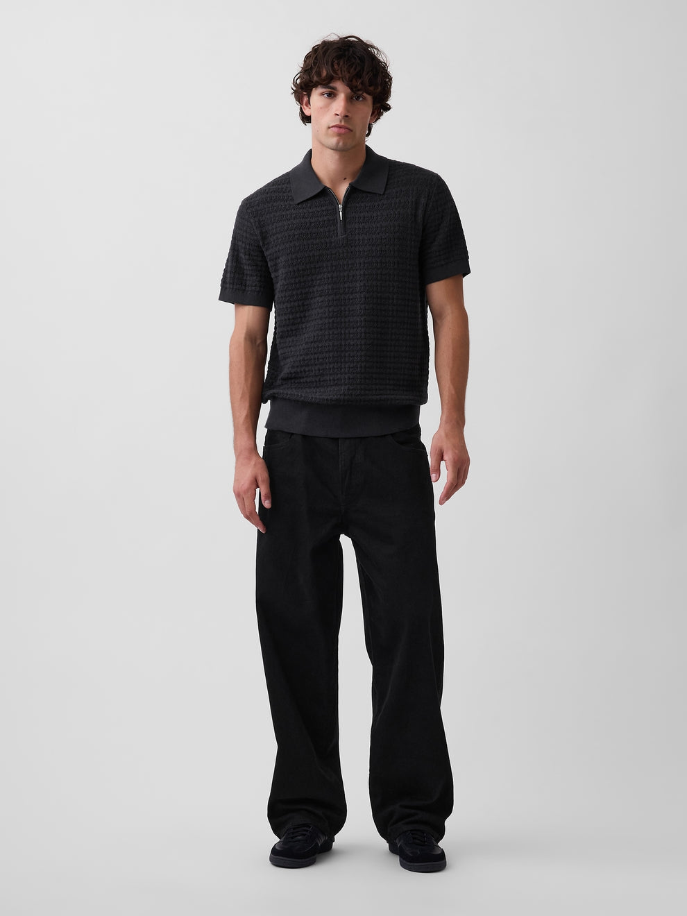 Textured Zip Polo Sweater Shirt - black