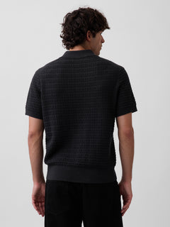 Textured Zip Polo Sweater Shirt - black