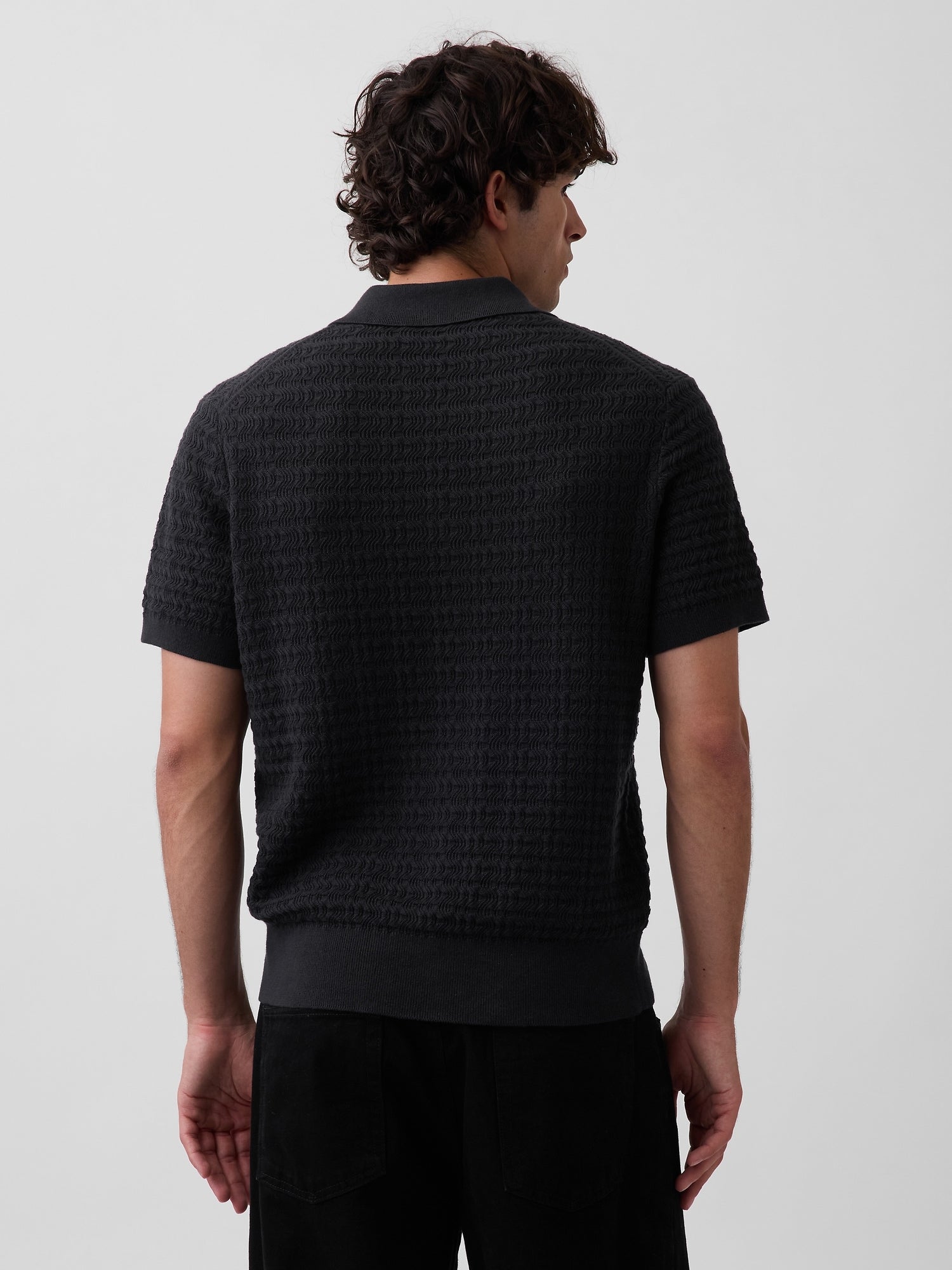 Textured Zip Polo Sweater Shirt - black