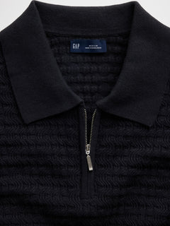 Textured Zip Polo Sweater Shirt - black