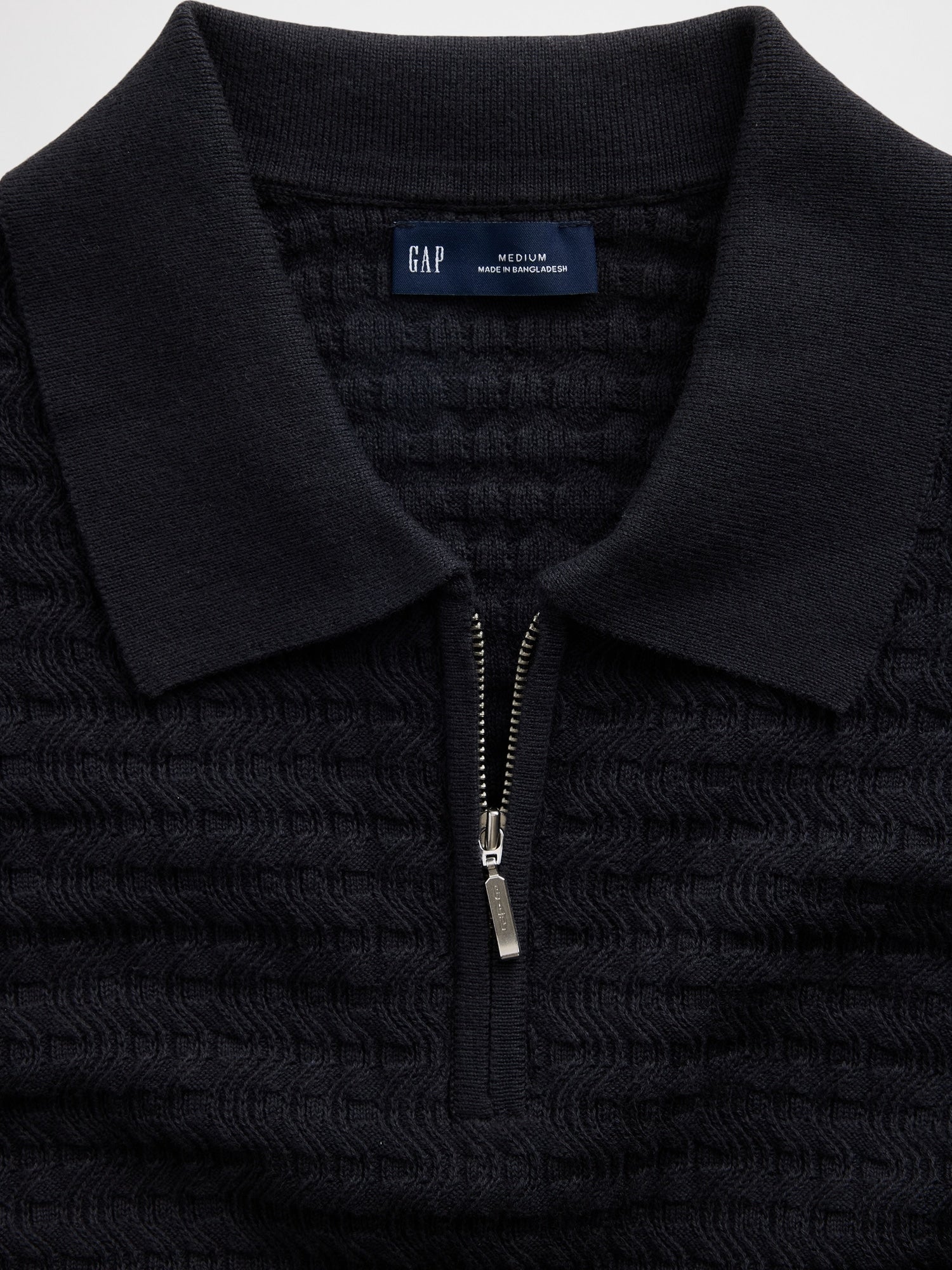 Textured Zip Polo Sweater Shirt - black