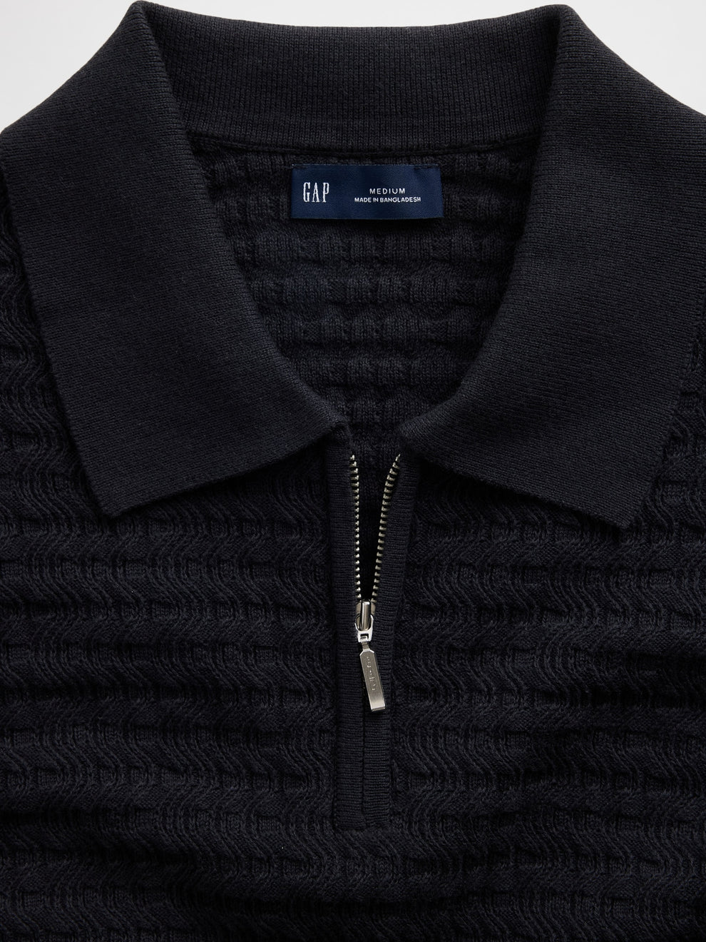 Textured Zip Polo Sweater Shirt - black