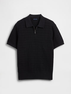 Textured Zip Polo Sweater Shirt - black