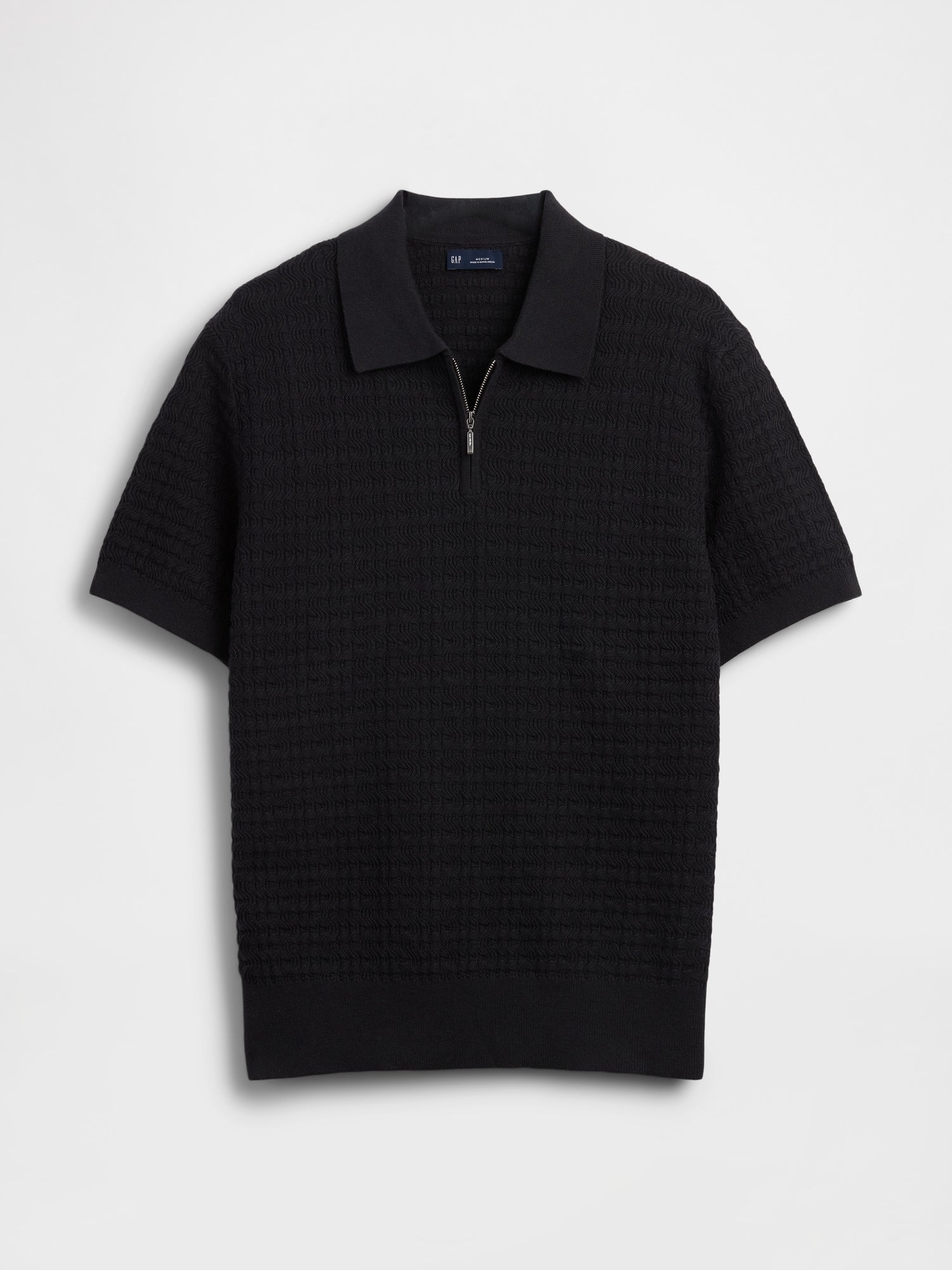 Textured Zip Polo Sweater Shirt - black