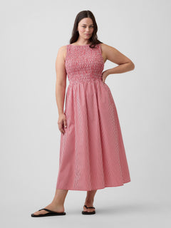 Smocked Boatneck Maxi Dress - Red gingham
