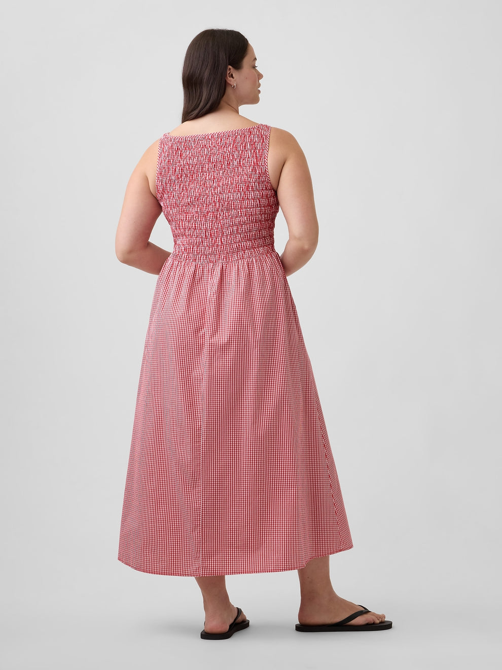 Smocked Boatneck Maxi Dress - Red gingham