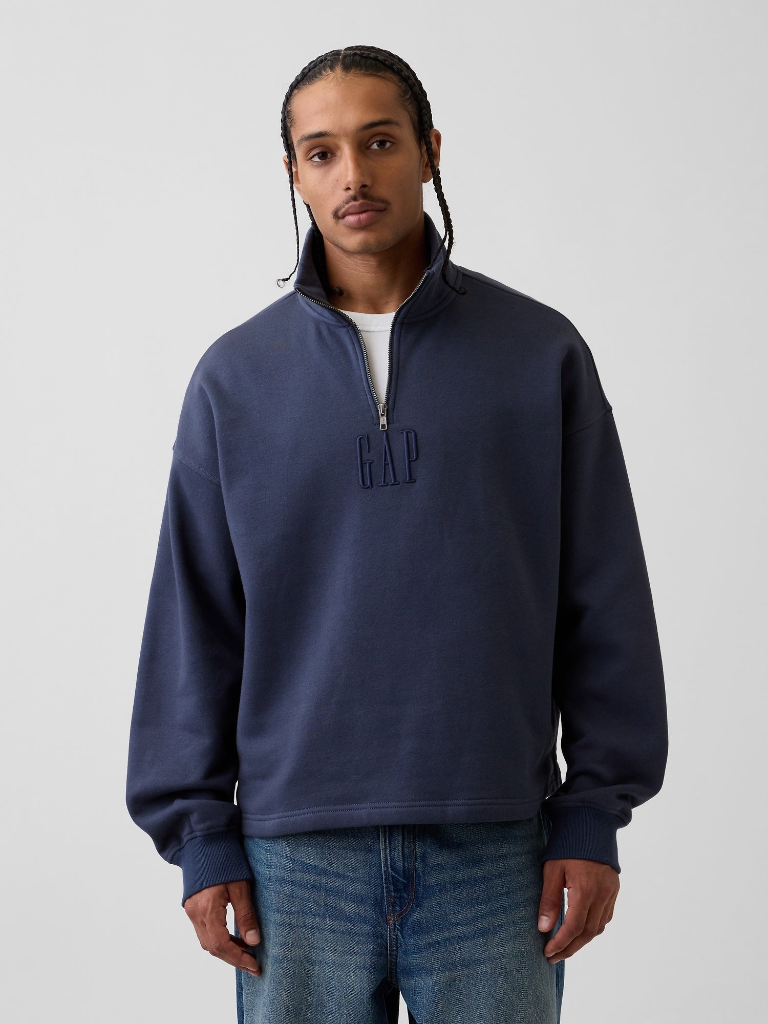Heavyweight Oversized Logo Quarter-Zip Pullover - Vintage navy blue
