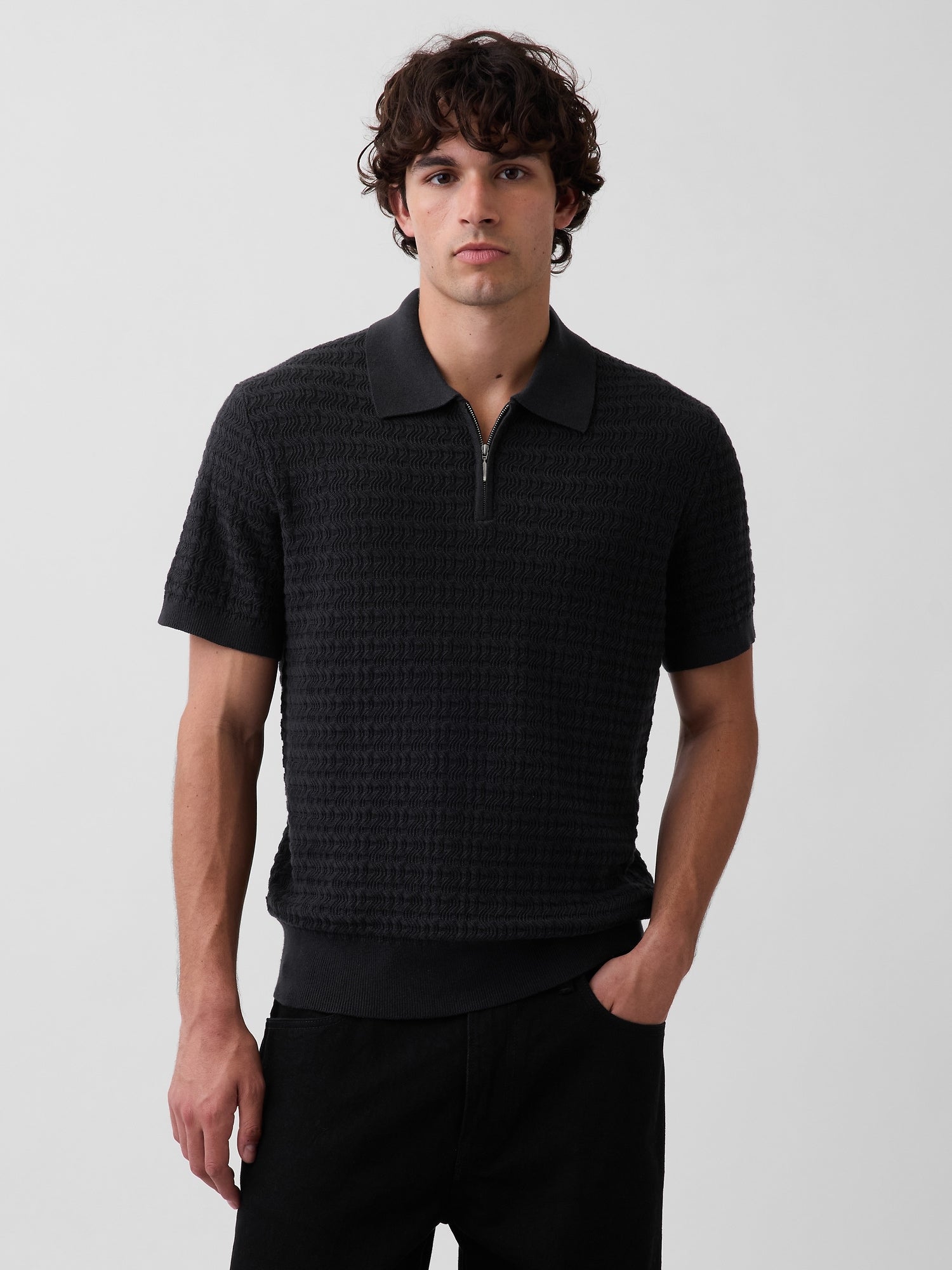 Textured Zip Polo Sweater Shirt - black