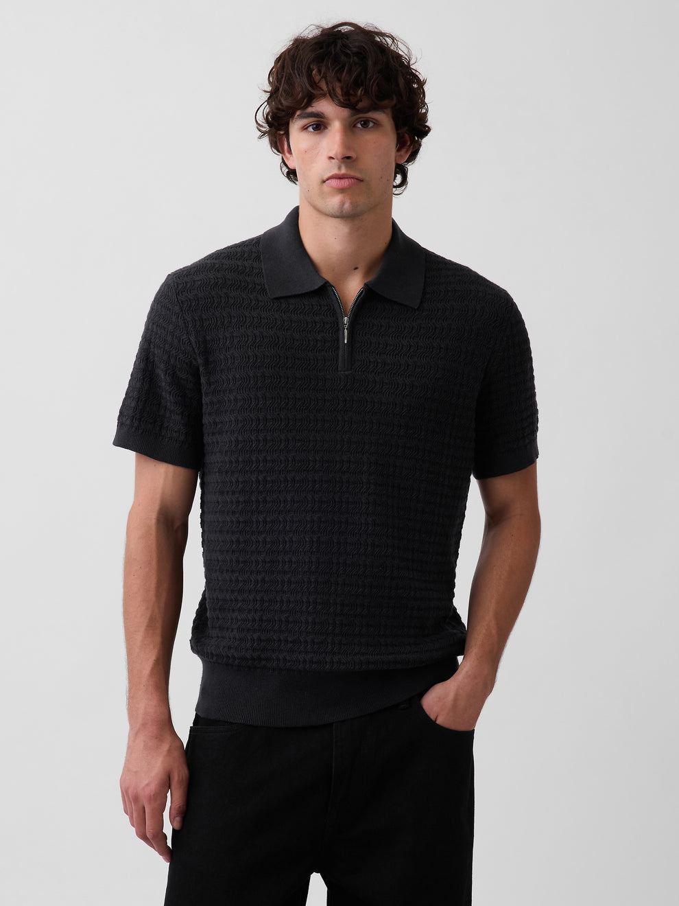 Textured Zip Polo Sweater Shirt - black