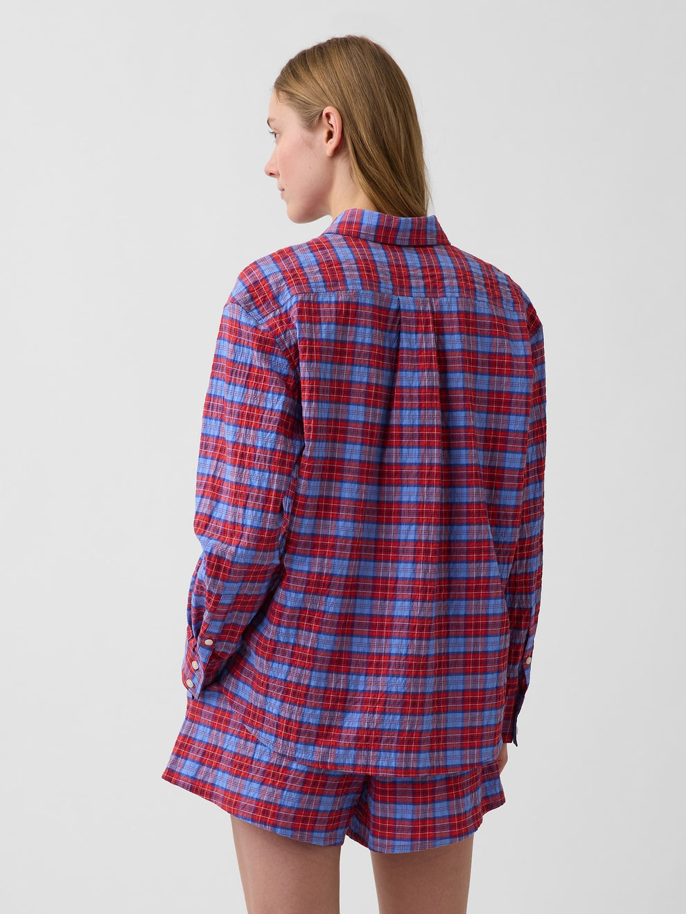 Seersucker Plaid Oversized Shirt - Red & navy blue gingham